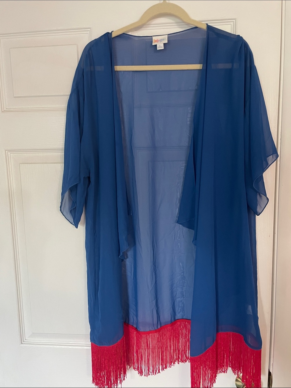 LuLaRoe Blue Sheer Shirley with Red Fringe